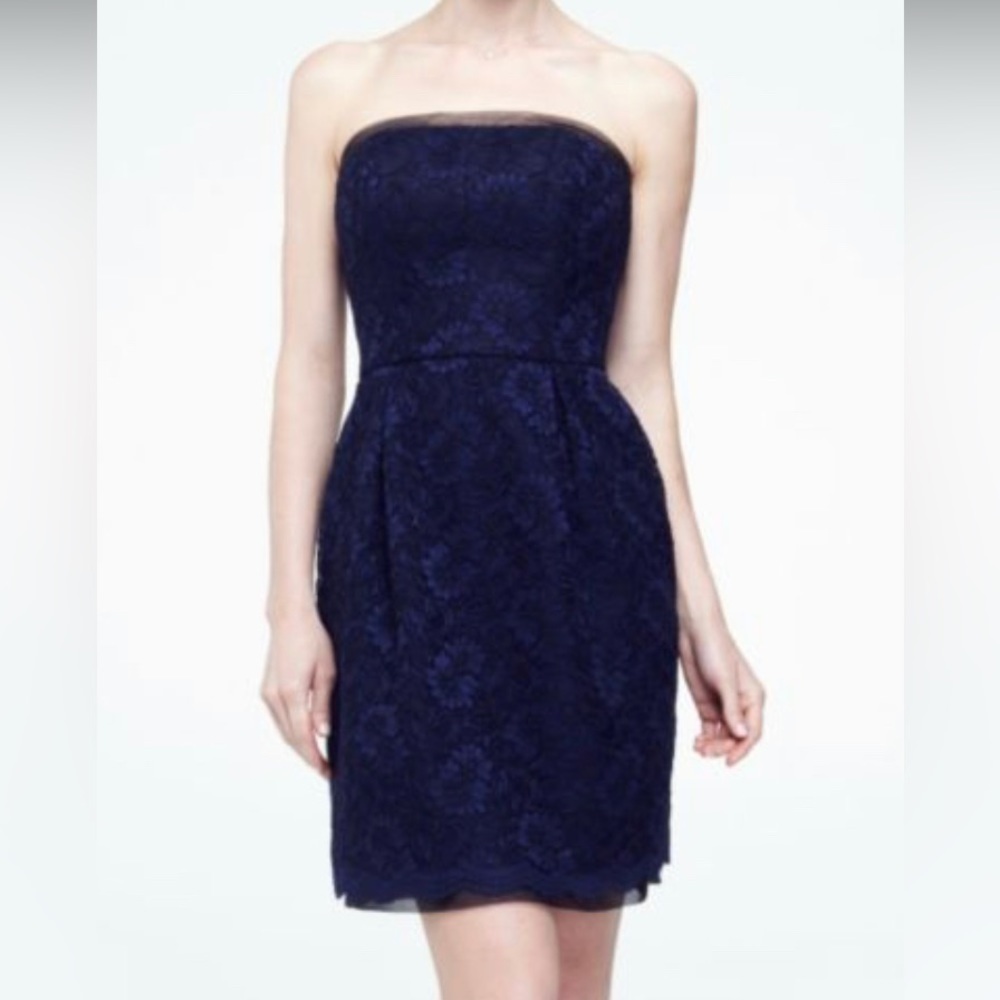 David’s bridal navy marine short strapless contrast corded lace dress size 16